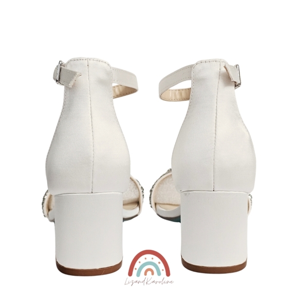 New! Betsey Johnson Mel Bridal Ivory Satin Rhinestone Cunky Block Heel Sandals - Picture 12 of 16